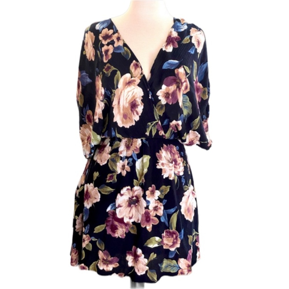 MAHINA HAWAII Black with Pink•Blue•Green Floral V-Neck Mini Dress MADE IN HAWAII